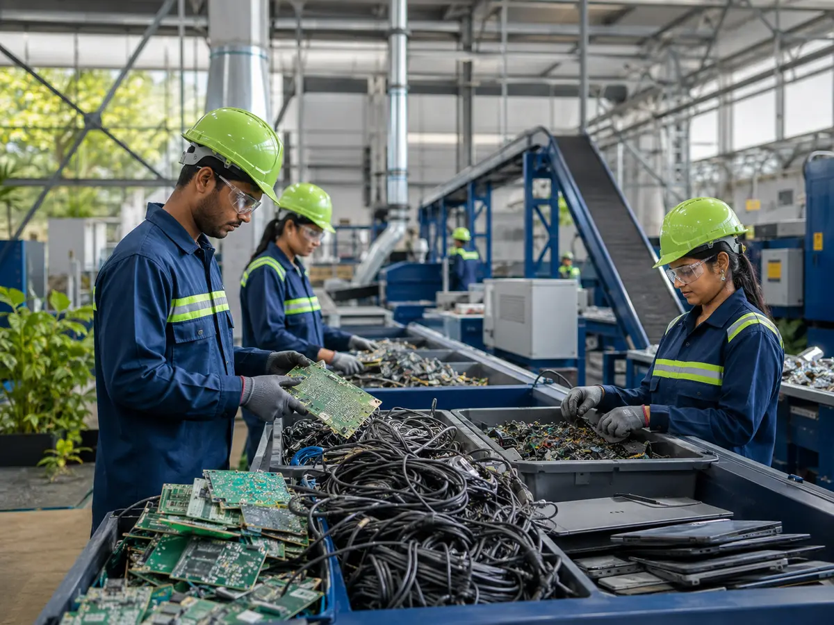Modern electronics recycling facility processing circuit boards and cables